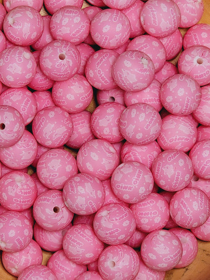 Pink Piggy 15mm Silicone Printed Bead