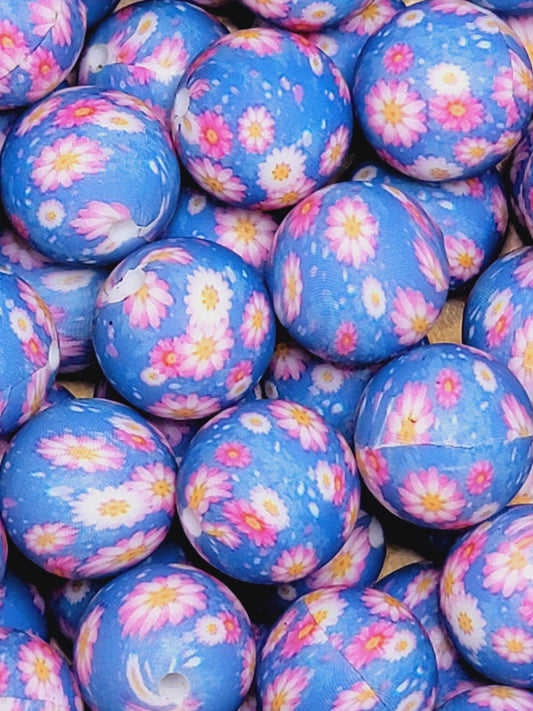 Blue Floral 15mm Round Silicone Bead
