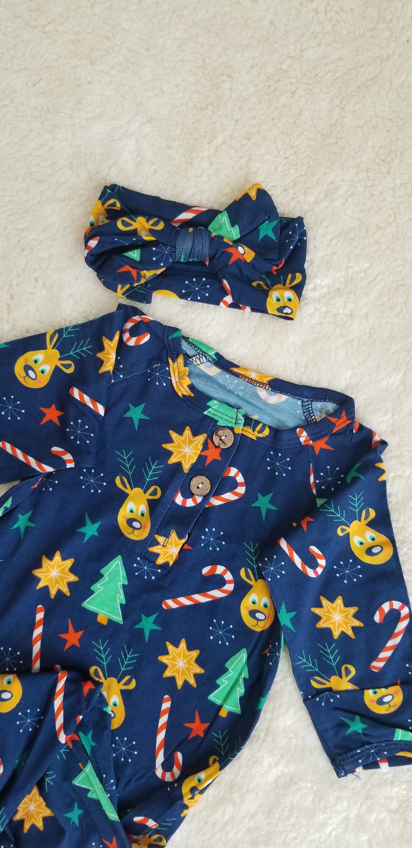 Gingerbread and Reindeer Infant Knot Gown, First Outfit