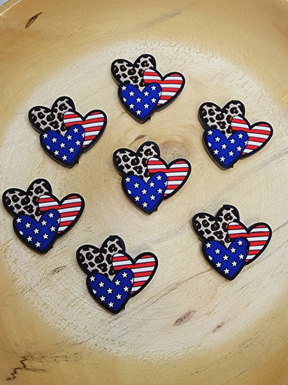 Red, White, and Blue Heart Silicone Focal Bead