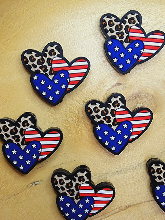 Red, White, and Blue Heart Silicone Focal Bead