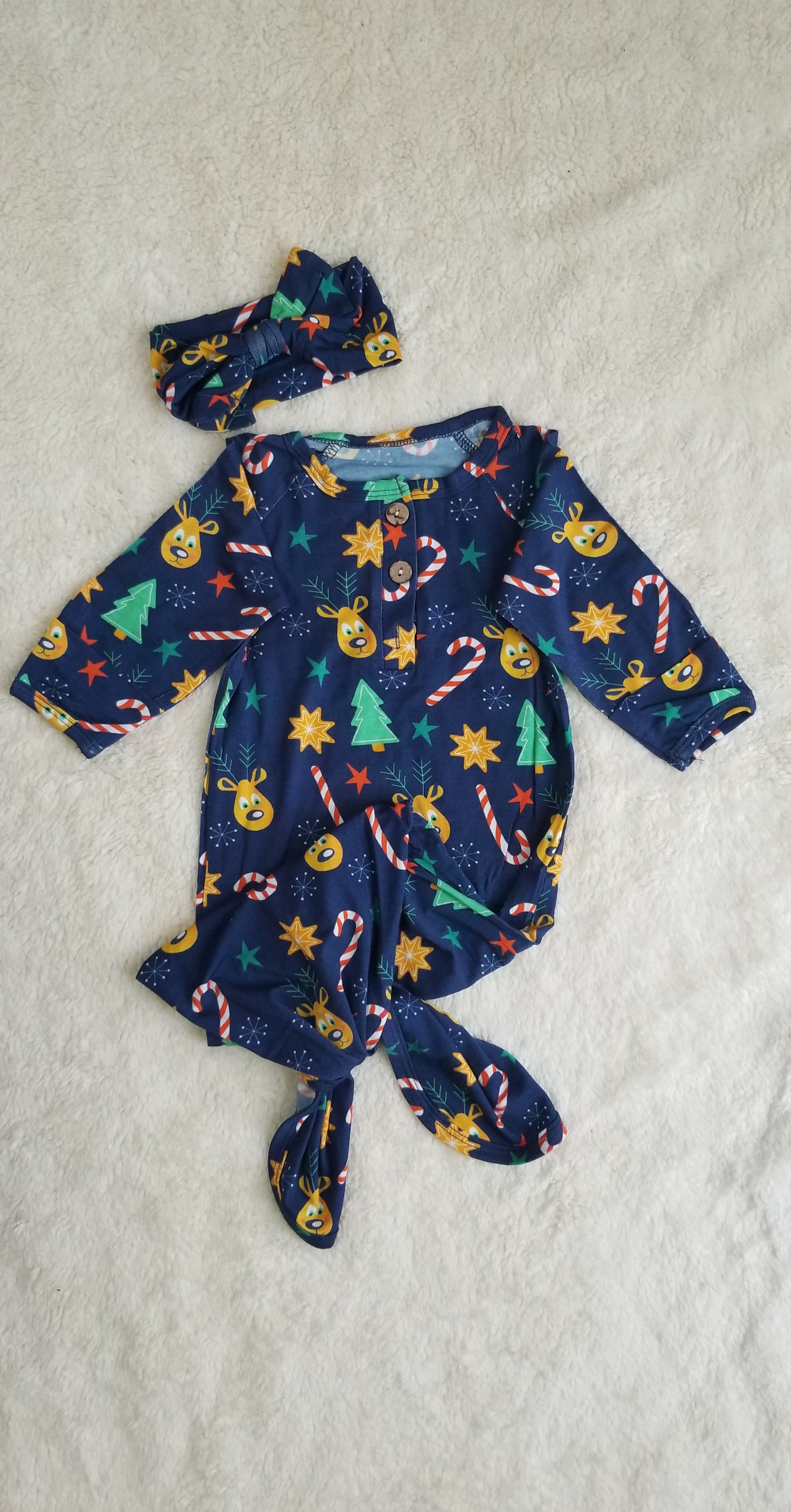 Gingerbread and Reindeer Infant Knot Gown, First Outfit