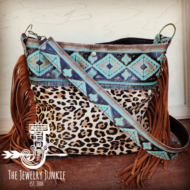 Tejas Leather Bucket Leopard Handbag with Santa Fe Accent