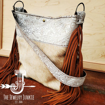 Tejas Leather Bucket Hide Handbag with Oyster Paisley Accent
