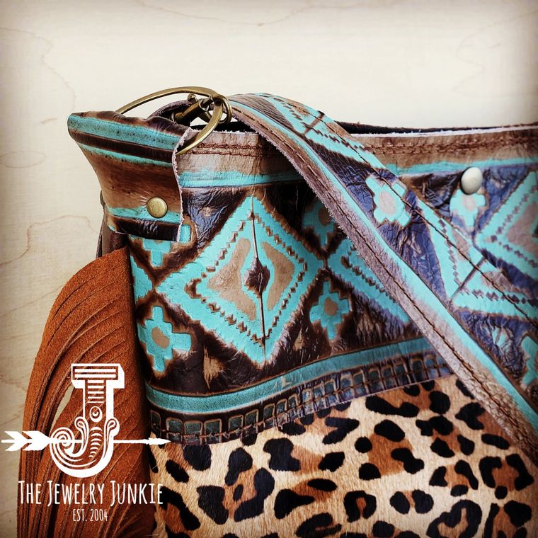 Tejas Leather Bucket Leopard bag with Tan Fringe